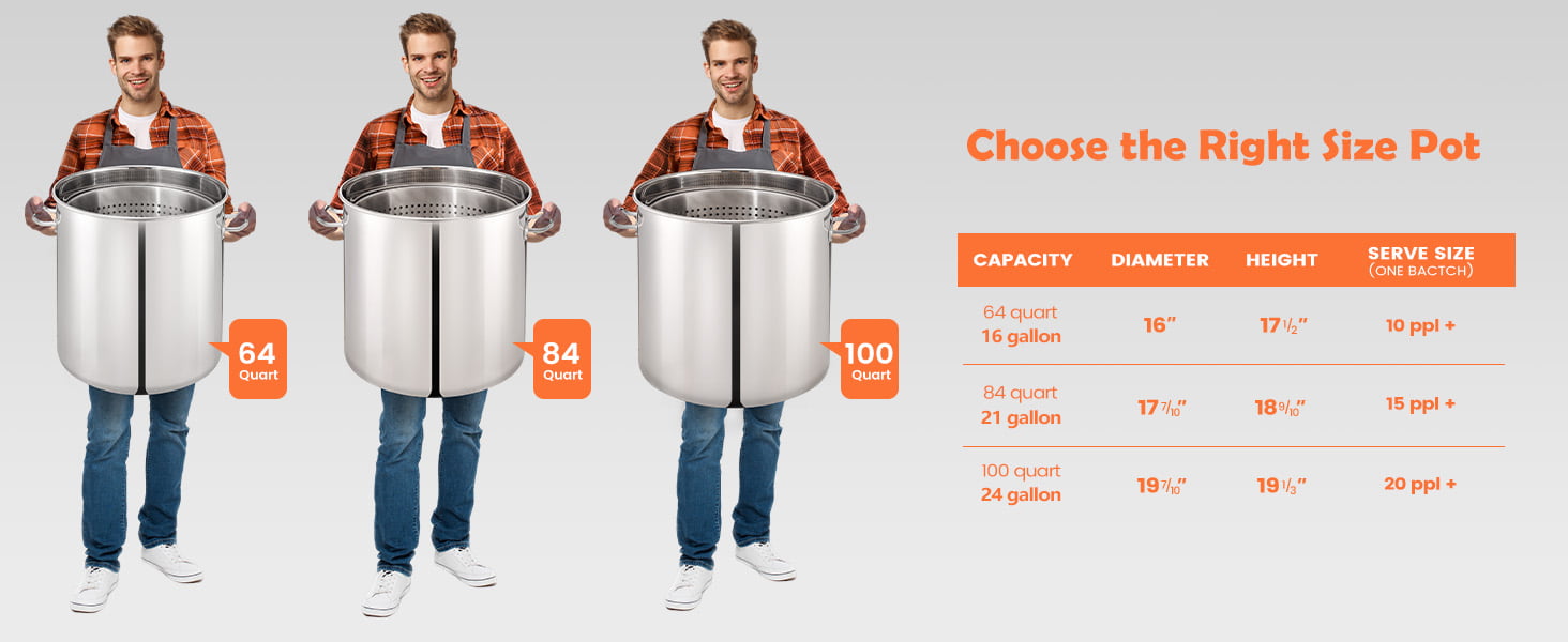 ARC stainless steel seafood boil pot size chart
